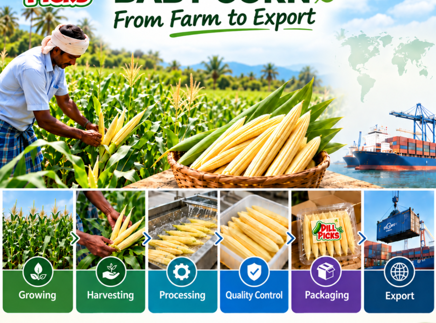 Baby corn from Tamil Nadu farms to global markets, showcasing growing, harvesting, processing, quality control, packaging and export