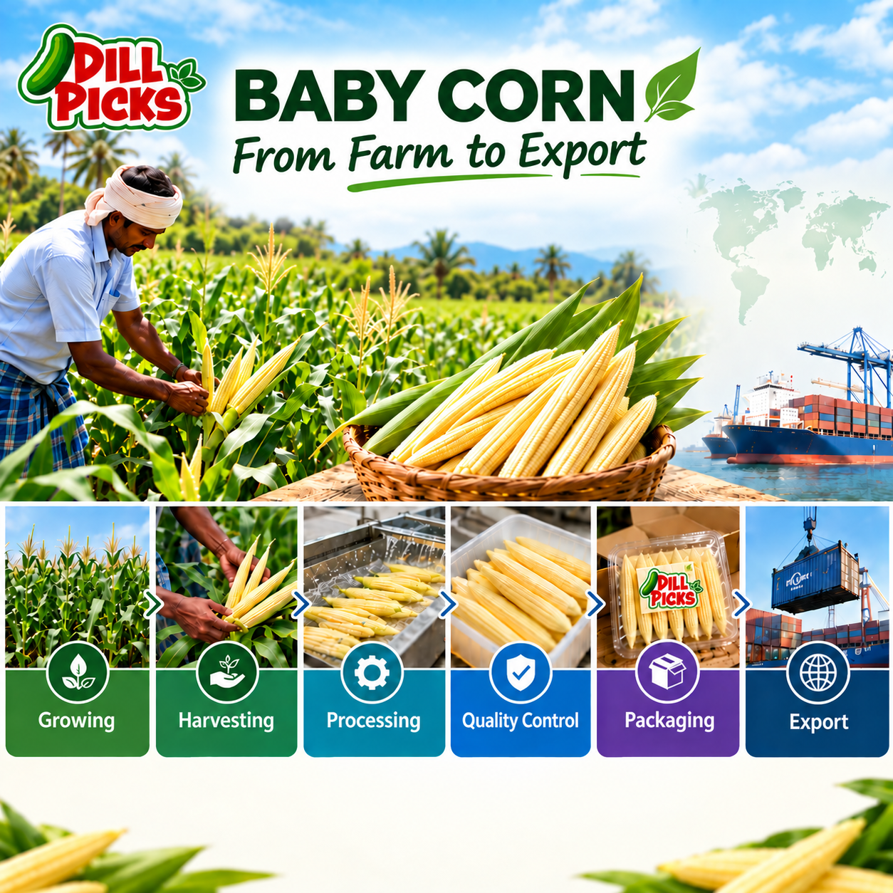 Baby corn from Tamil Nadu farms to global markets, showcasing growing, harvesting, processing, quality control, packaging and export