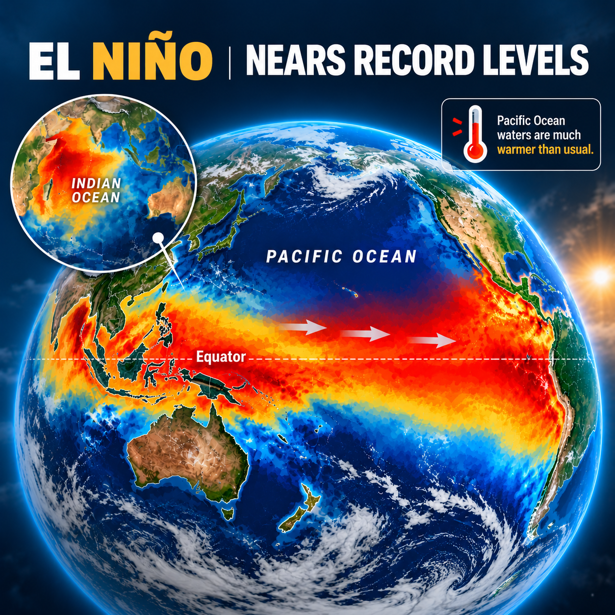 El Niño nearing record levels as Pacific Ocean temperatures continue to warm
