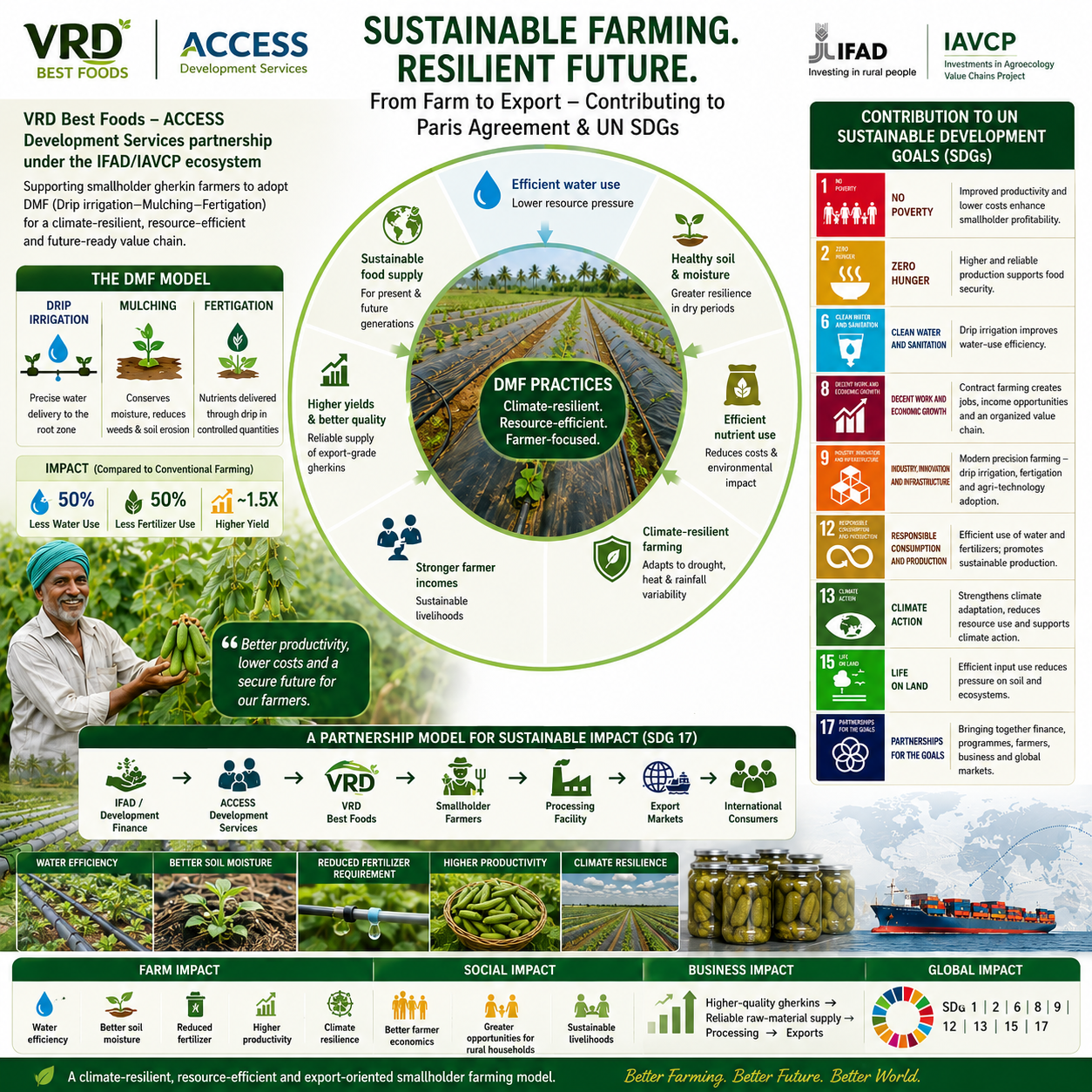 VRD Best Foods promoting sustainable gherkin farming through drip irrigation, mulching and fertigation to support UN Sustainable Development Goals.