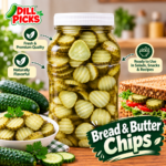 Jar of Dill Picks Bread & Butter Pickle Chips with fresh cucumbers and sandwich