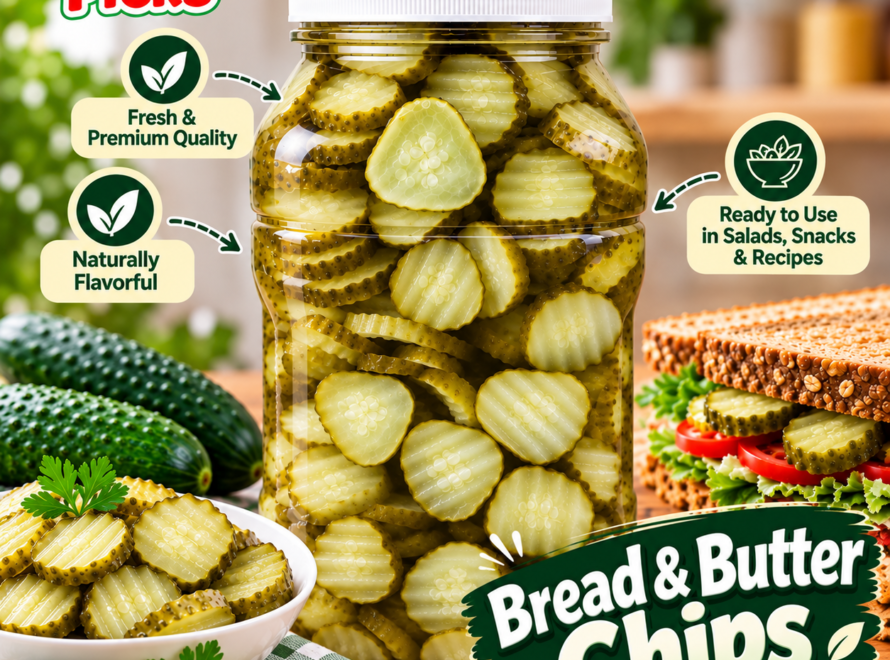Jar of Dill Picks Bread & Butter Pickle Chips with fresh cucumbers and sandwich