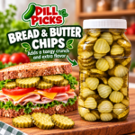 Dill Picks Bread & Butter Chips in a jar beside a deli sandwich topped with crunchy pickle slices