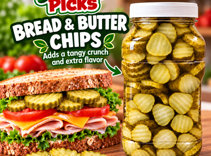 Dill Picks Bread & Butter Chips in a jar beside a deli sandwich topped with crunchy pickle slices
