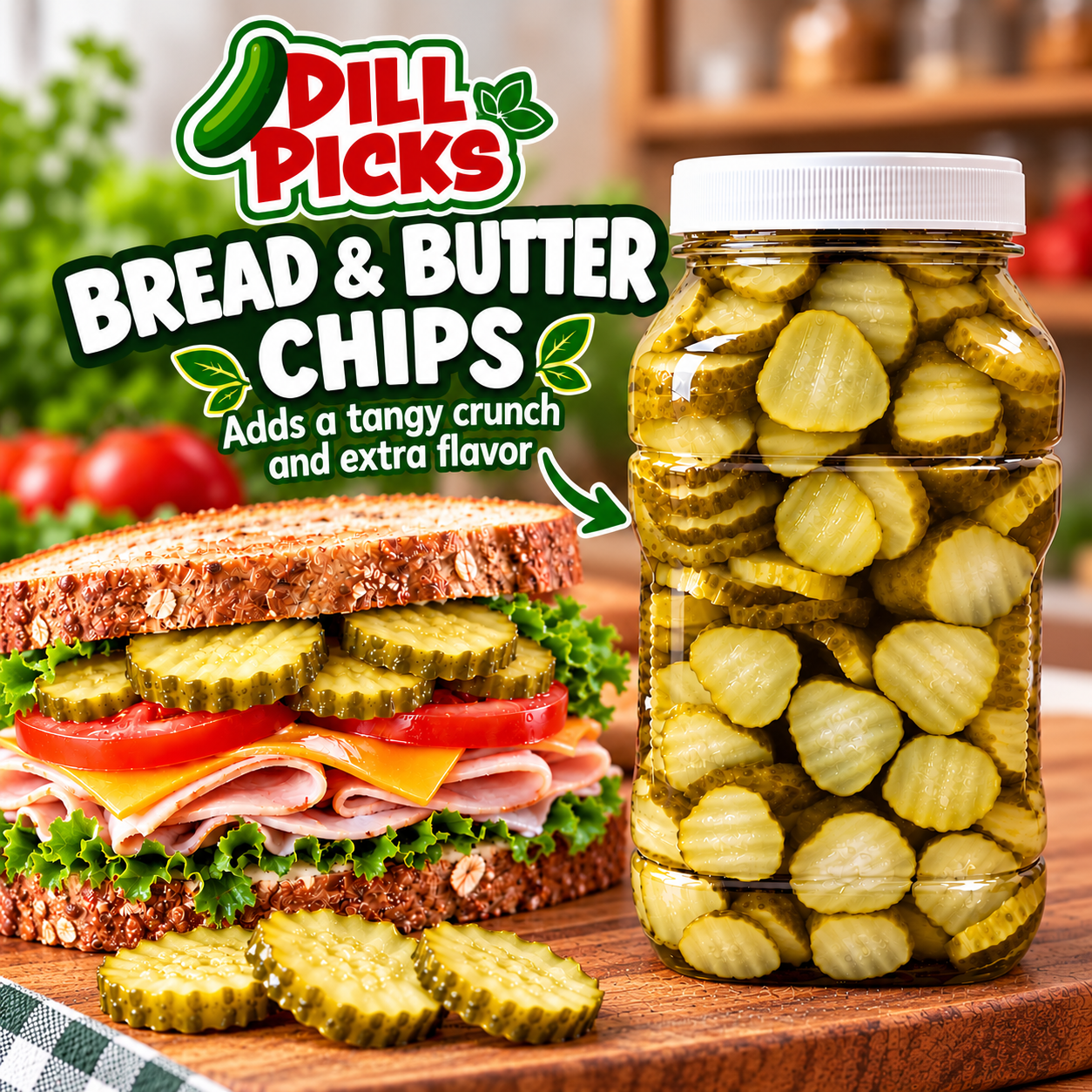 Dill Picks Bread & Butter Chips in a jar beside a deli sandwich topped with crunchy pickle slices