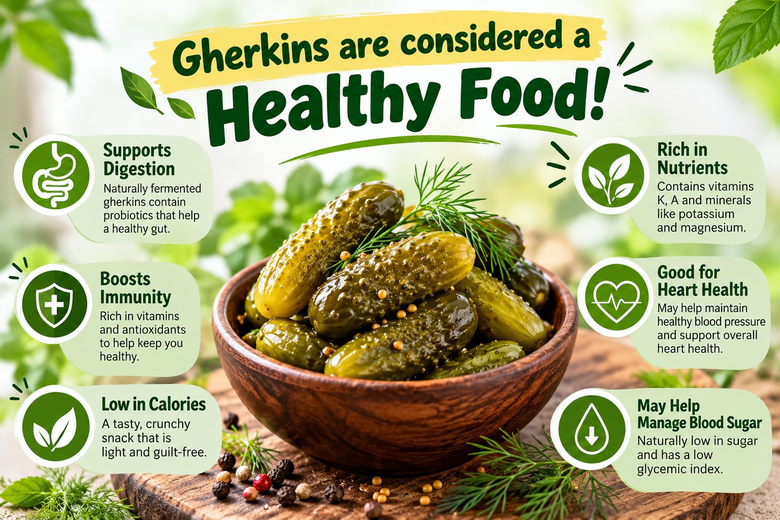 Gherkins as a healthy food with low calories, nutrients and digestive health benefits
