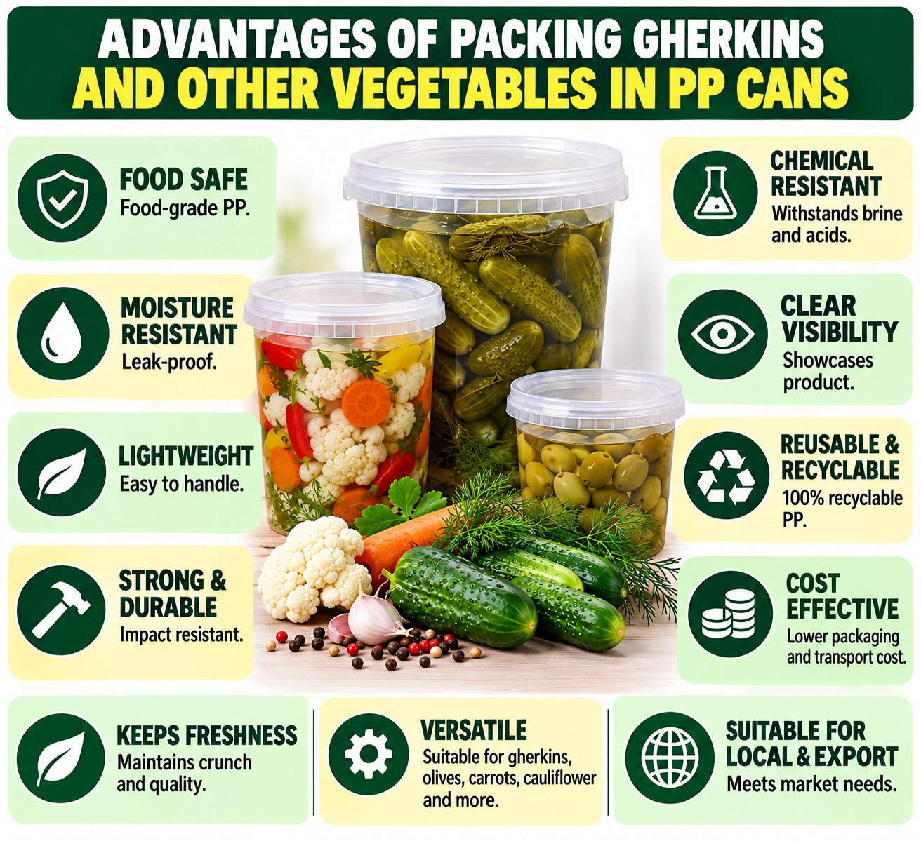 Advantages of packing gherkins and pickled vegetables in PP cans