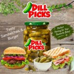 Dill Picks pickle jar with crunchy pickles served alongside a burger, sandwich, and bowl of pickles.