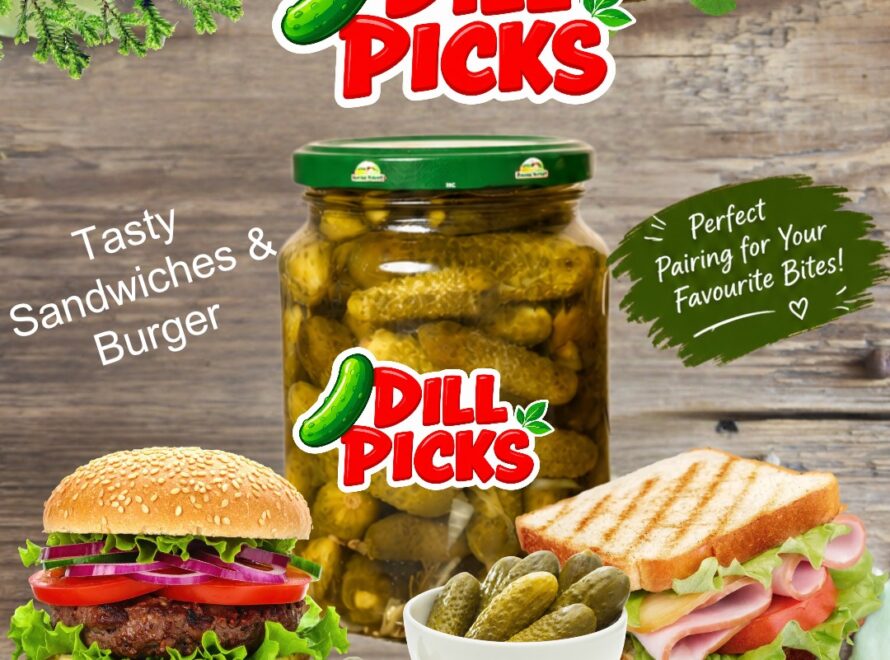 Dill Picks pickle jar with crunchy pickles served alongside a burger, sandwich, and bowl of pickles.